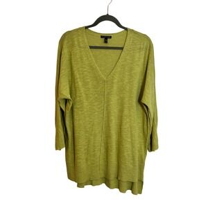 Eileen Fisher Organic Cotton Linen V Neck Sweater Size L Chartreuse Green Casual